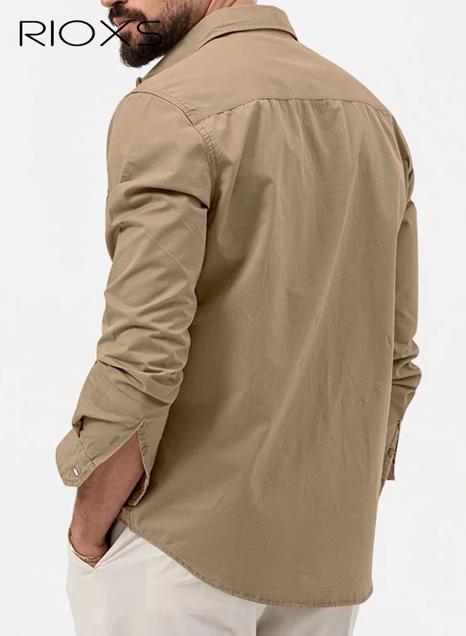 RIOXS Men's Khaki Stand Collar Long Sleeve Shirt​​, Button Down with Dual Chest Pockets for Office and Casual Wear - Image 3
