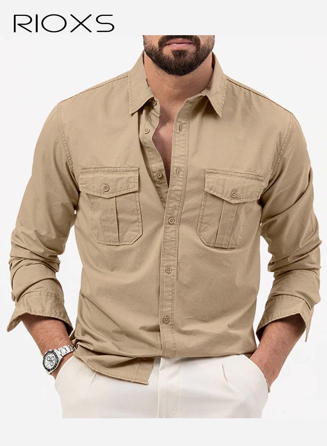 RIOXS Men's Khaki Stand Collar Long Sleeve Shirt​​, Button Down with Dual Chest Pockets for Office and Casual Wear - Image 4