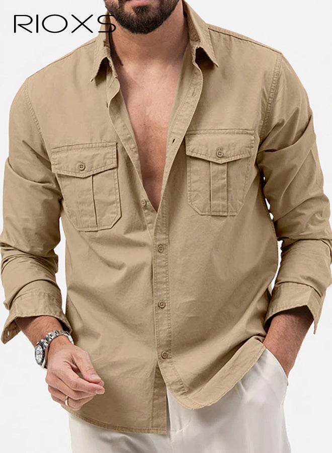 RIOXS Men's Khaki Stand Collar Long Sleeve Shirt​​, Button Down with Dual Chest Pockets for Office and Casual Wear - Image 1