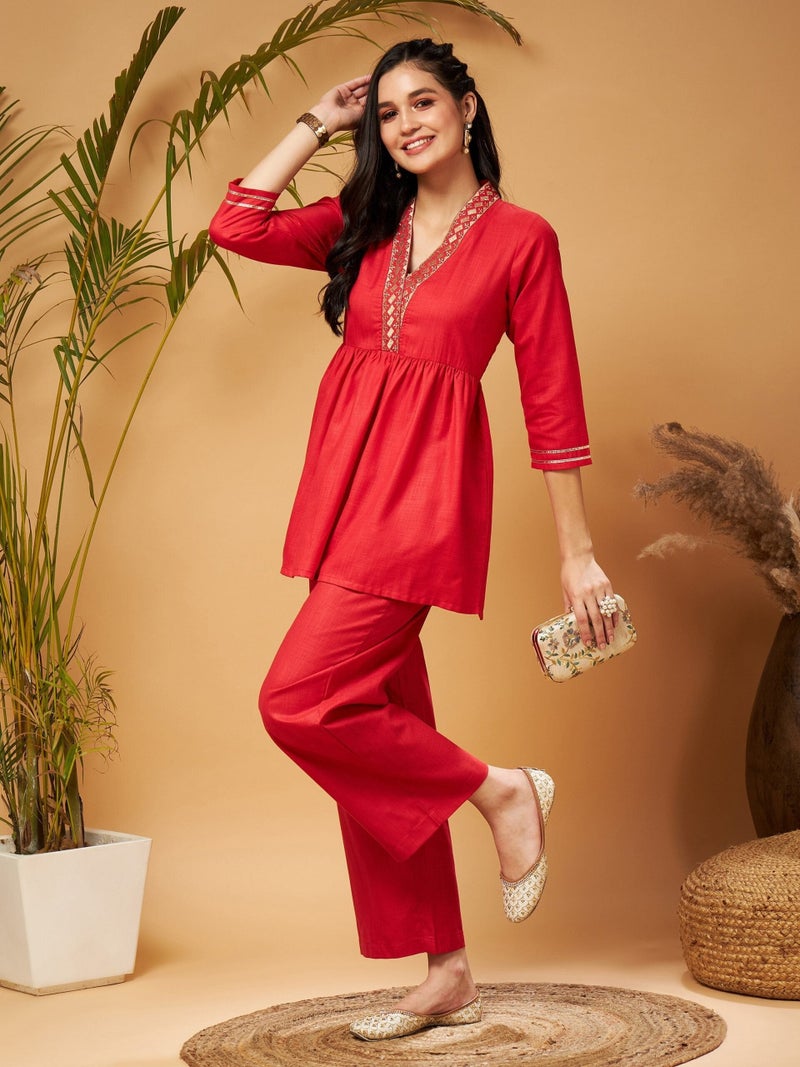 PRASHA Women Red Embroidered Gathered Top With Palazzos - Image 2