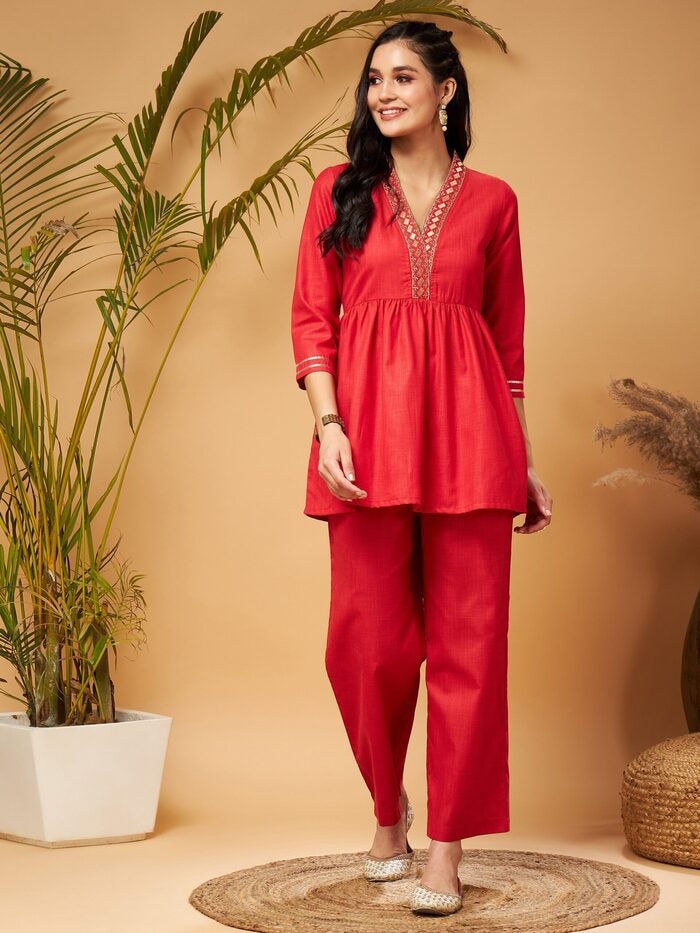 PRASHA Women Red Embroidered Gathered Top With Palazzos - Image 1