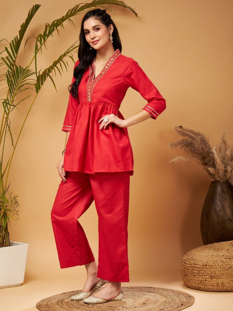 PRASHA Women Red Embroidered Gathered Top With Palazzos - Image 3