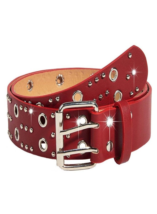 Obmyec Grommet Leather Belts PU Leather Black Belt for Women Double Holes Belt for Men (Red) - Image 1
