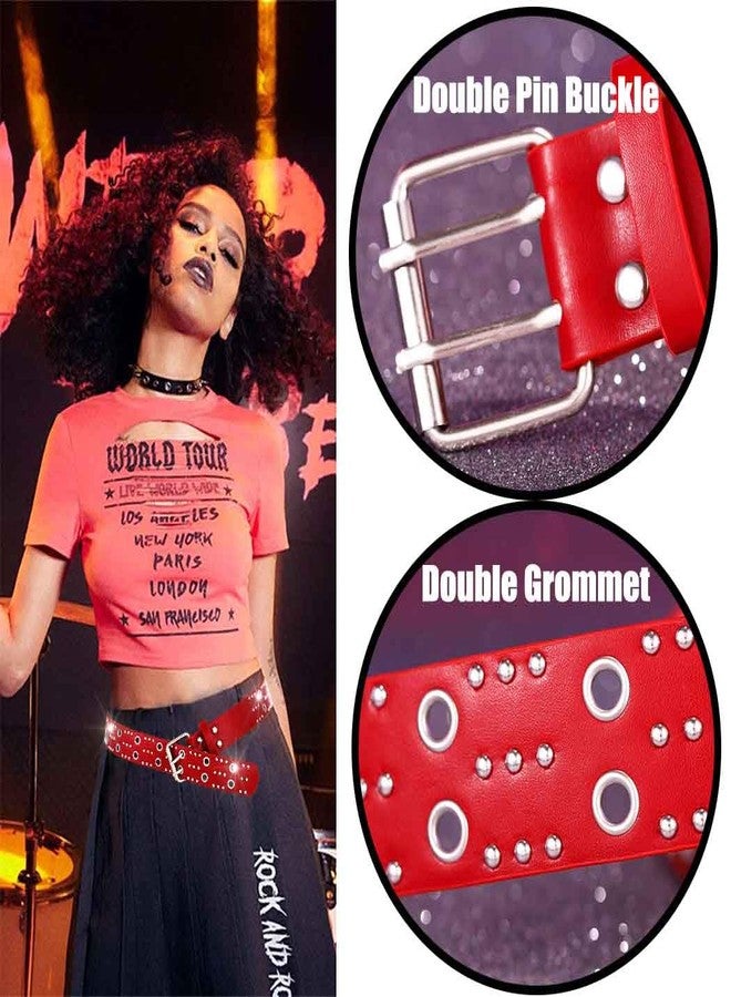 Obmyec Grommet Leather Belts PU Leather Black Belt for Women Double Holes Belt for Men (Red) - Image 3
