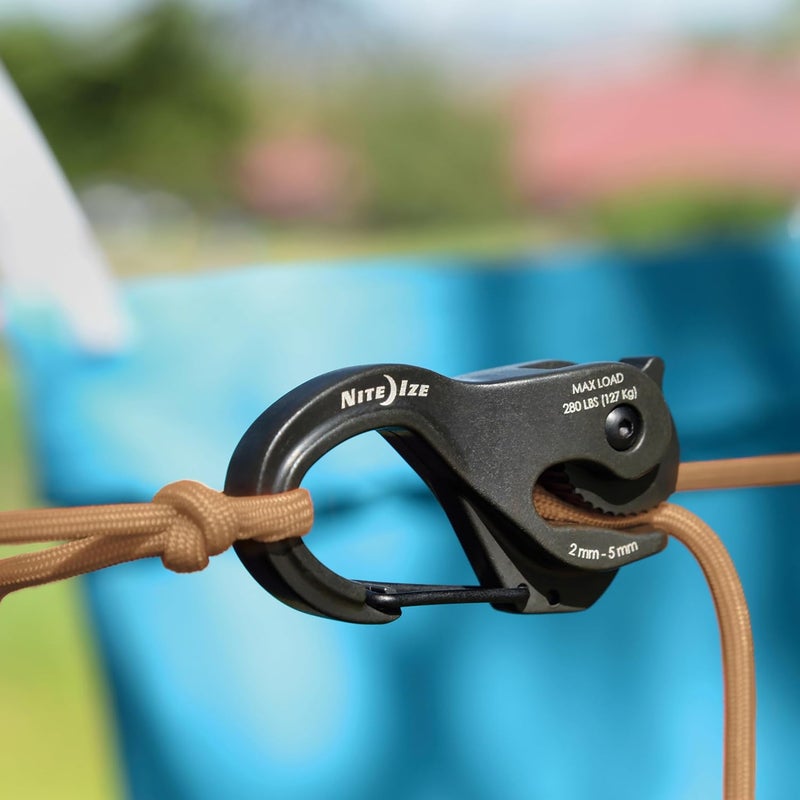 NiteIze CamJam XT Aluminum Rope Tightener - Versatile Tie Down Cam Mechanism with Carabiner Clip - Secure Hiking Gear Essential - Rope Tie Down Accessory - Black/Coyote - Image 4