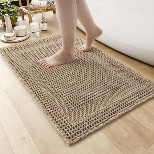 AMOAMI Waffle BathMat Absorbent Bath Mats for Bathroom Non Slip Machine Washable Bathroom Rugs with Tassels Ultra Soft Boho Bath Rugs for Floor 18x30 Beige - Image 1