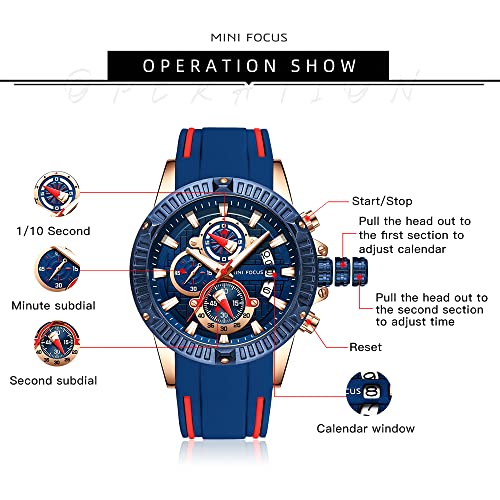 MF MINI FOCUS Mini Focus Mens Watches Military Sports Watch (Chronograph/Waterproof/Luminous/Calendar) Silicon Band Quartz Watch for Men (Blue-Red) - Image 5