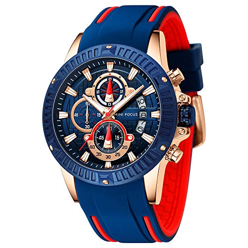 MF MINI FOCUS Mini Focus Mens Watches Military Sports Watch (Chronograph/Waterproof/Luminous/Calendar) Silicon Band Quartz Watch for Men (Blue-Red) - Image 1