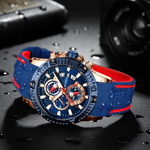 MF MINI FOCUS Mini Focus Mens Watches Military Sports Watch (Chronograph/Waterproof/Luminous/Calendar) Silicon Band Quartz Watch for Men (Blue-Red) - Image 3