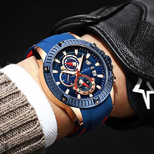 MF MINI FOCUS Mini Focus Mens Watches Military Sports Watch (Chronograph/Waterproof/Luminous/Calendar) Silicon Band Quartz Watch for Men (Blue-Red) - Image 2