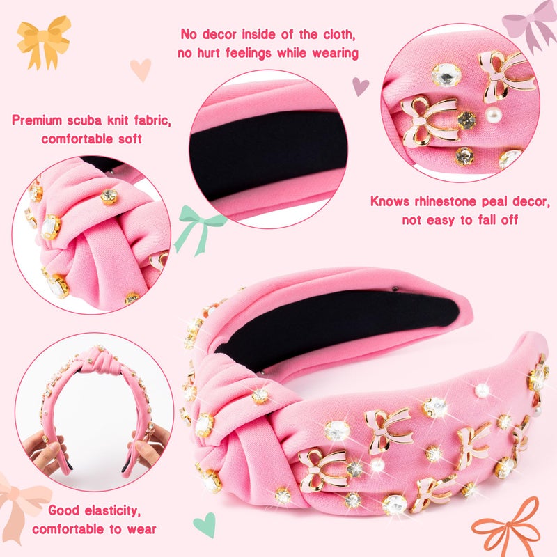 PANTIDE Coquette Pink Bow Jeweled Knotted Headband - Rhinestone Crystal Pearl Embellished Preppy Trendy Headband Wide Top Knot Non Slip Fashion Hairband Accessories Birthday Gift for Women Girl (Pink) - Image 3