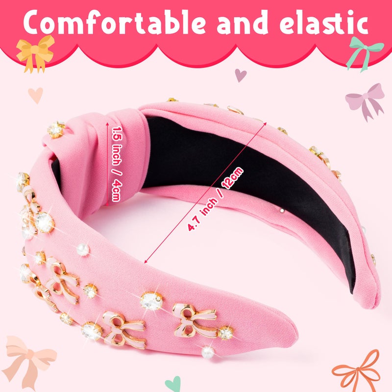 PANTIDE Coquette Pink Bow Jeweled Knotted Headband - Rhinestone Crystal Pearl Embellished Preppy Trendy Headband Wide Top Knot Non Slip Fashion Hairband Accessories Birthday Gift for Women Girl (Pink) - Image 2