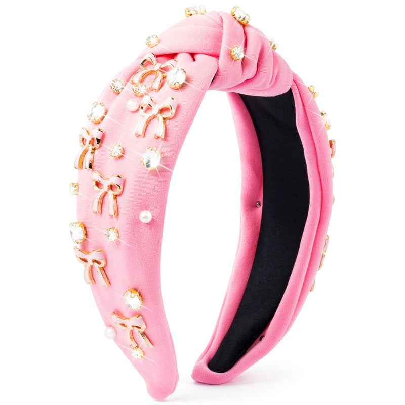 PANTIDE Coquette Pink Bow Jeweled Knotted Headband - Rhinestone Crystal Pearl Embellished Preppy Trendy Headband Wide Top Knot Non Slip Fashion Hairband Accessories Birthday Gift for Women Girl (Pink) - Image 1