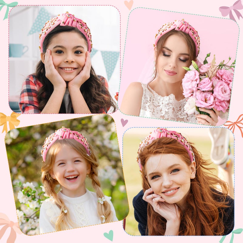 PANTIDE Coquette Pink Bow Jeweled Knotted Headband - Rhinestone Crystal Pearl Embellished Preppy Trendy Headband Wide Top Knot Non Slip Fashion Hairband Accessories Birthday Gift for Women Girl (Pink) - Image 4
