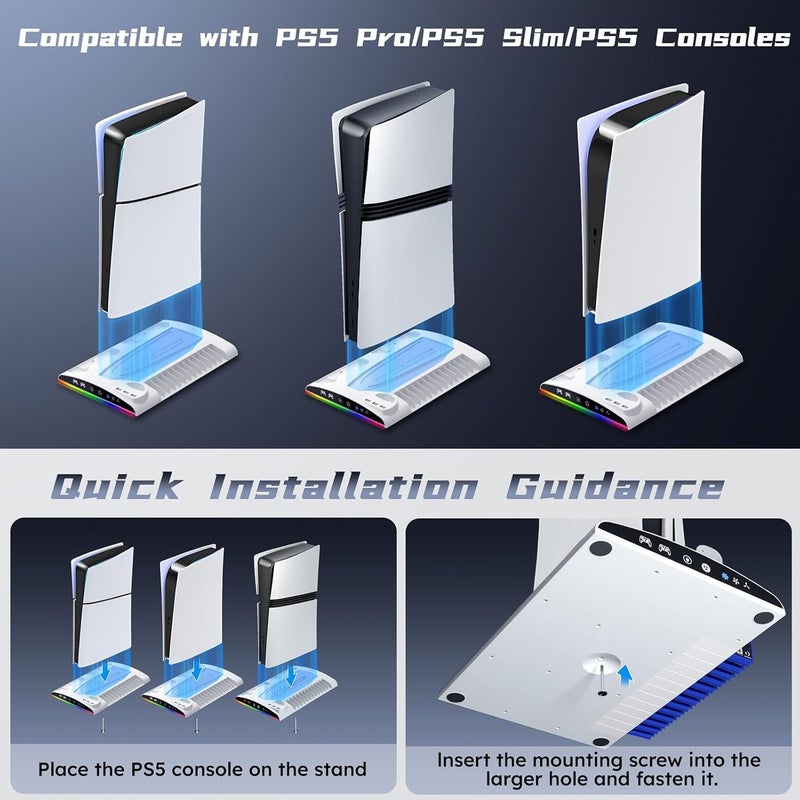 Garlo PS5 Stand with Cooling Station, Controller Charging Station for PlayStation 5 & Slim & Pro Console Disc/Digital Edition - Accessories: Cooling Fan, RGB LED, USB Hubs, Headset Holder, Game Slot - Image 2