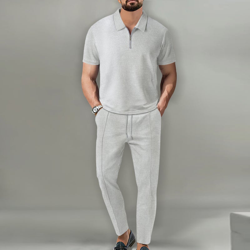 Amazon cross-border AliExpress waffle mens casual all-match short sleeve pants suit breathable loose Light gray - Image 1