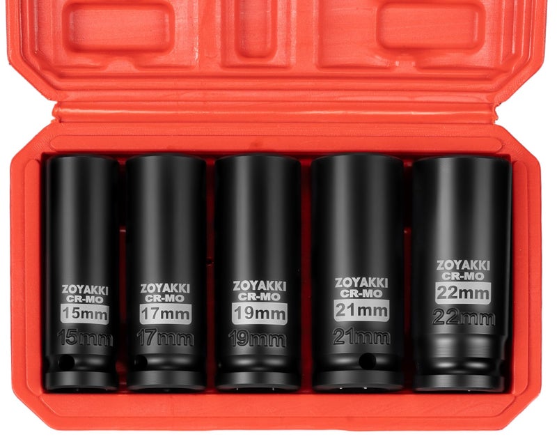 ZOYAKKI 5Piece 12 Inch Drive Impact Socket SetCRMO Steel 6Point Deep SocketMetric 1517192122mm Hexagon Deep Socket Set with Storage Box for Repair Mechanic Garage