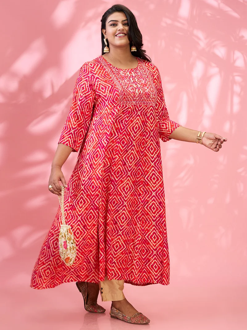 جلو باص جلوبلس للنساء أحمر ياقة مطرزة طباعة هندسية حافة واسعة مقاس كبير - كورتا