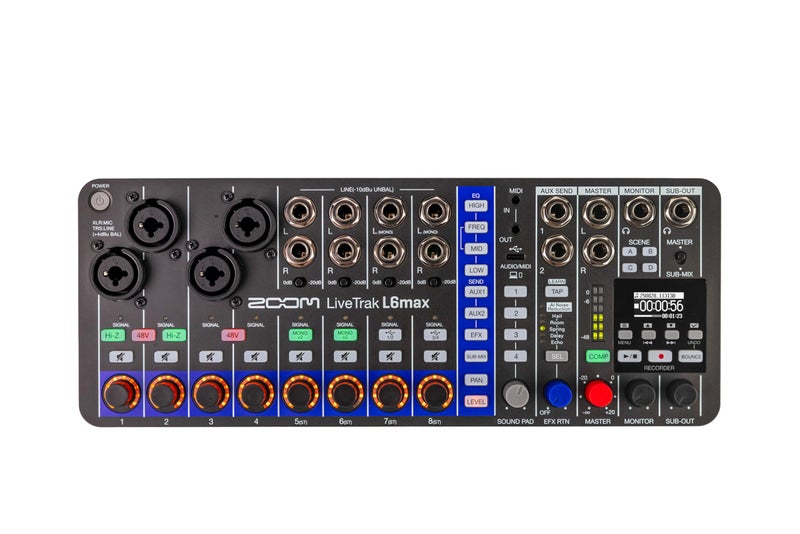 Zoom LiveTrak L6max Digital Mixer and Recorder 12Channel 32Bit Float Battery Powered 4 Combo 8 Stereo Inputs MIDI Effects Sound Pads 3Band EQ AI Noise Reduction - Image 2