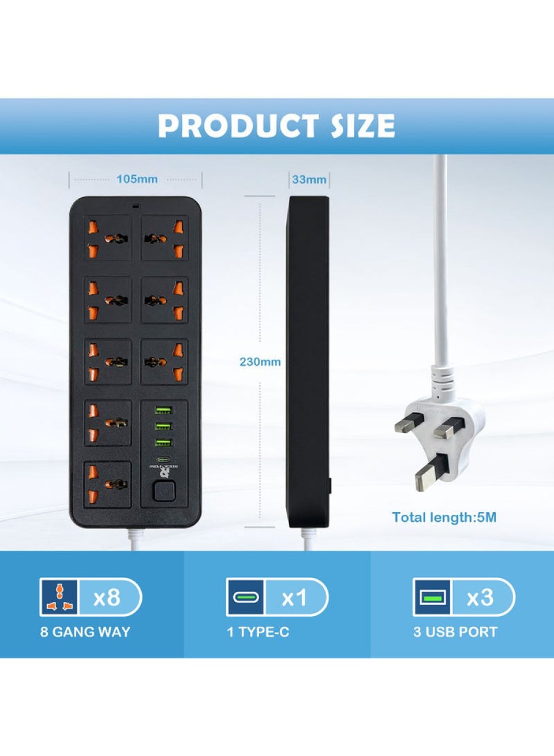 Rock Pow 5 Meters Universal Extension Lead with Multiple Function UK Plug 3 Pin Socket Outlet with 8 Gang 3 USB Port 1 Type-C Port 5M Electric Socket Mains Strip for Home Kitchen and Office - Image 2