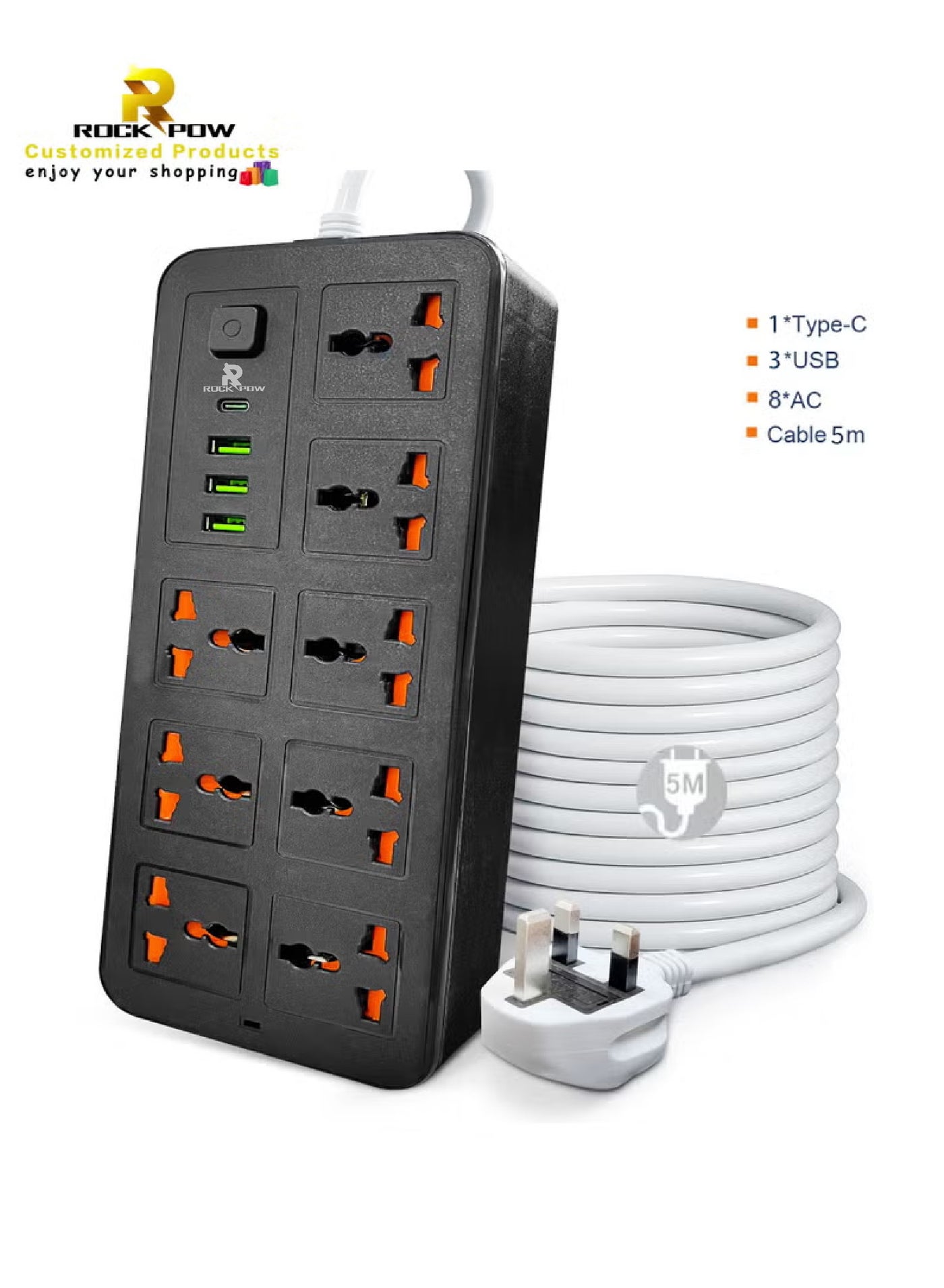 5 Meters Universal Extension Lead with Multiple Function UK Plug 3 Pin Socket Outlet with 8 Gang 3 USB Port 1 Type-C Port 5M Electric Socket Mains Strip for Home Kitchen and Office