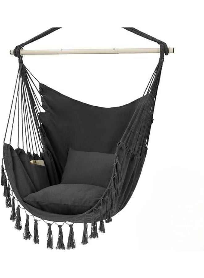 Harmony Home Harmony Home Travel Canvas Hammock Chair, 130x100x2.5 cm Hanging Macrame Swing with 2 Pillows & Pocket, Black Cotton Weave for Indoor & Outdoor Comfort, Holds Up to 150 Kg  - Image 1