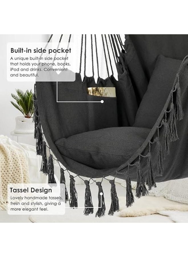 Harmony Home Harmony Home Travel Canvas Hammock Chair, 130x100x2.5 cm Hanging Macrame Swing with 2 Pillows & Pocket, Black Cotton Weave for Indoor & Outdoor Comfort, Holds Up to 150 Kg  - Image 2
