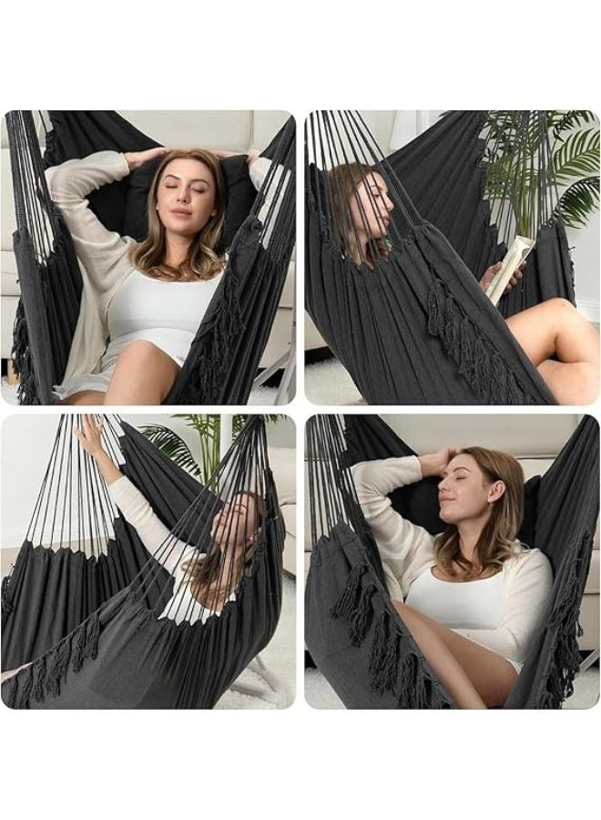 Harmony Home Harmony Home Travel Canvas Hammock Chair, 130x100x2.5 cm Hanging Macrame Swing with 2 Pillows & Pocket, Black Cotton Weave for Indoor & Outdoor Comfort, Holds Up to 150 Kg  - Image 5