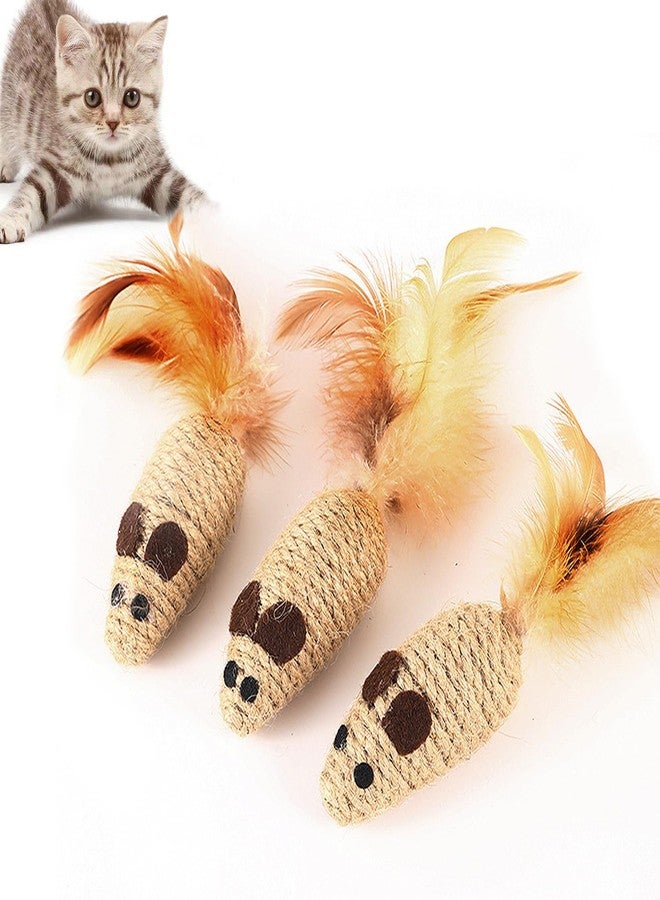 UtySty 3 Pack Cat Mouse Toys with Feather Tail Rattling Noise Sound Natural Sisal Cat Toys Teeth Cleaning Dental Chew Toys Interactive Cat Mice Toy Mice Cat Toys for Indoor Cats Kittens Puppies - Image 1