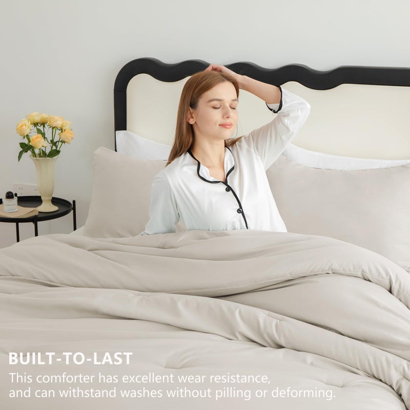 CozyLux Beige Full Size Comforter Set, 3 Pieces Solid Breathable Quilted Style Bedding Sets, Luxury Fluffy Soft Bed Set with Down Alternative Comforter for All Season (1 Comforter & 2 Pillowcases) - Image 5