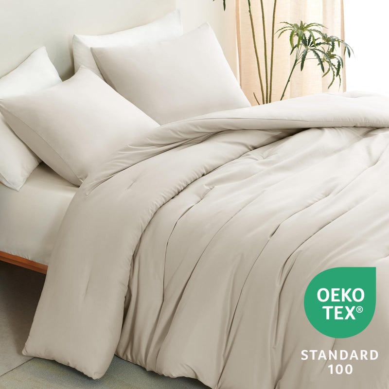 CozyLux Beige Full Size Comforter Set, 3 Pieces Solid Breathable Quilted Style Bedding Sets, Luxury Fluffy Soft Bed Set with Down Alternative Comforter for All Season (1 Comforter & 2 Pillowcases) - Image 3