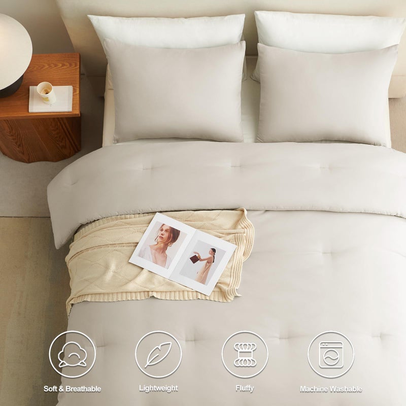 CozyLux Beige Full Size Comforter Set, 3 Pieces Solid Breathable Quilted Style Bedding Sets, Luxury Fluffy Soft Bed Set with Down Alternative Comforter for All Season (1 Comforter & 2 Pillowcases) - Image 4