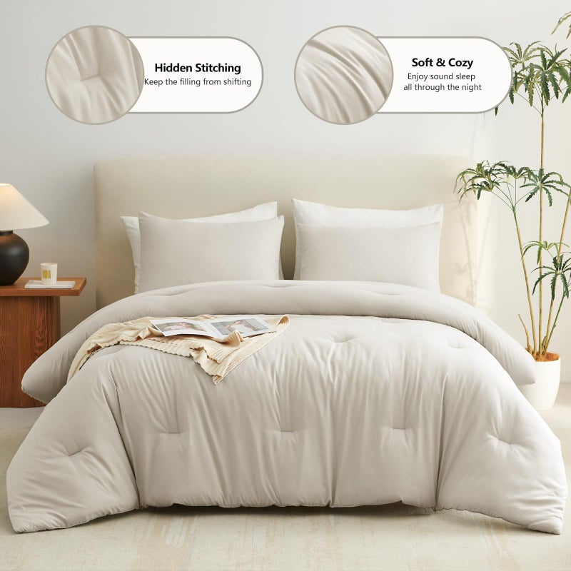 CozyLux Beige Full Size Comforter Set, 3 Pieces Solid Breathable Quilted Style Bedding Sets, Luxury Fluffy Soft Bed Set with Down Alternative Comforter for All Season (1 Comforter & 2 Pillowcases) - Image 2