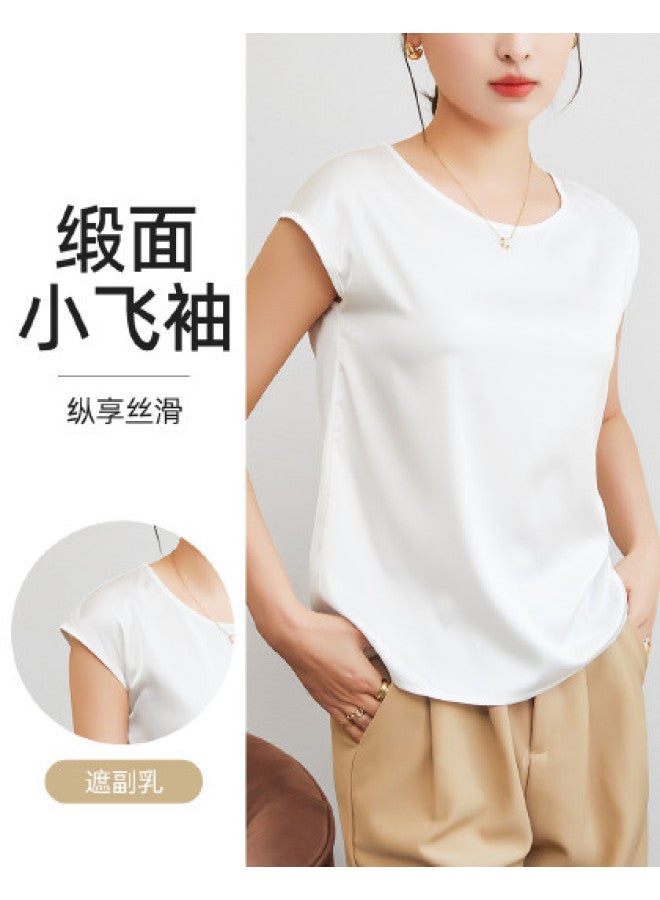 Top melon Smooth Satin Camisole For Women With Side Coverage, Faux Silk Round Neck Ice Silk T-Shirt - Image 1
