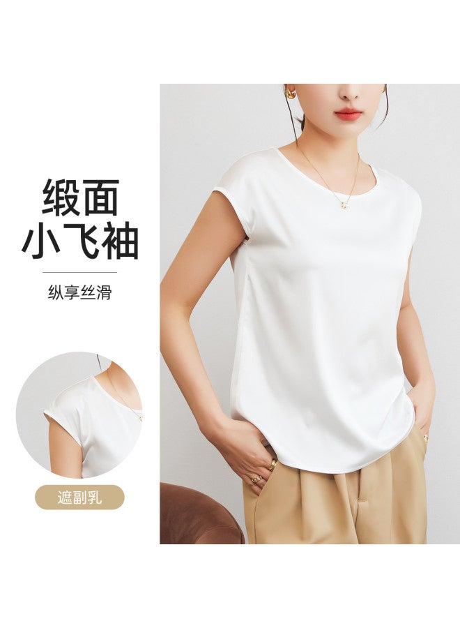 Top melon Smooth Satin Camisole For Women With Side Coverage, Faux Silk Round Neck Ice Silk T-Shirt - Image 2