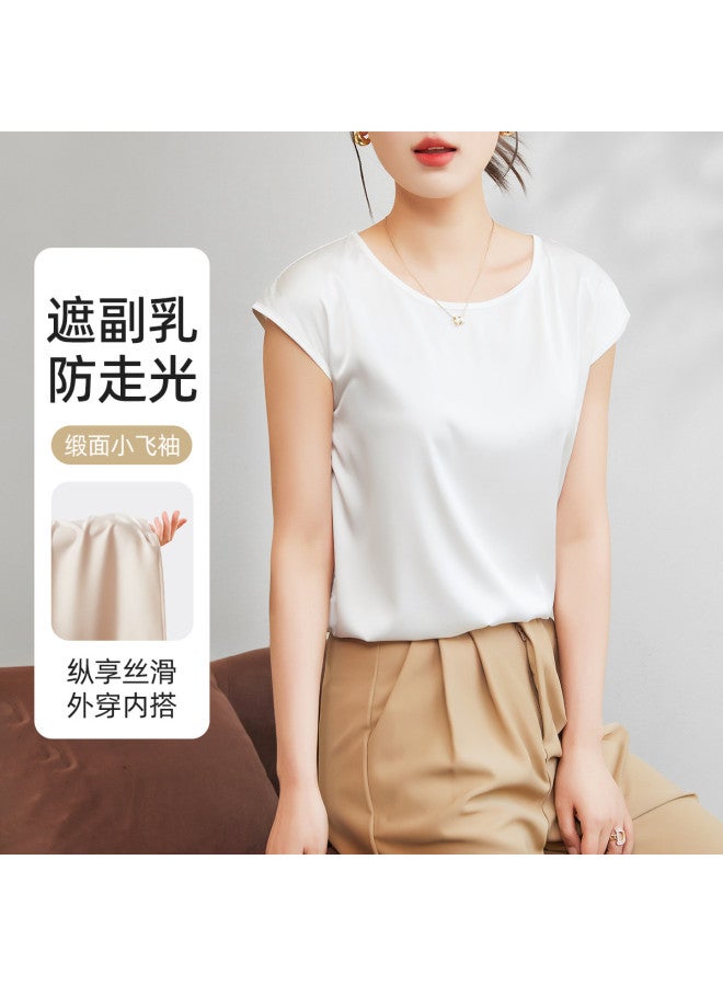 Top melon Smooth Satin Camisole For Women With Side Coverage, Faux Silk Round Neck Ice Silk T-Shirt - Image 3