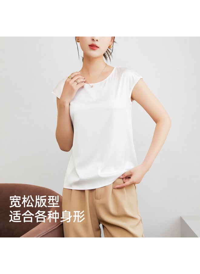 Top melon Smooth Satin Camisole For Women With Side Coverage, Faux Silk Round Neck Ice Silk T-Shirt - Image 5