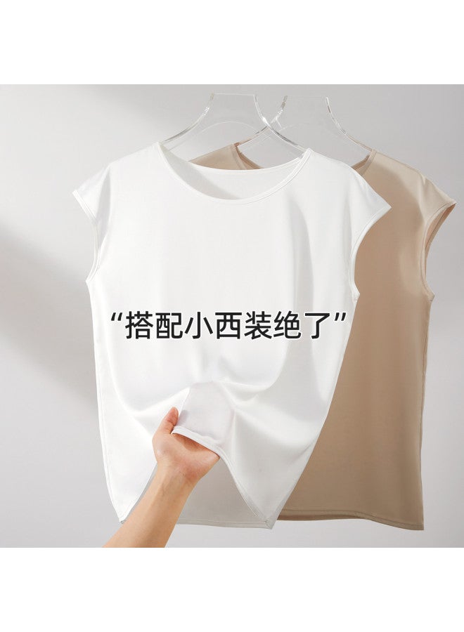 Top melon Smooth Satin Camisole For Women With Side Coverage, Faux Silk Round Neck Ice Silk T-Shirt - Image 4