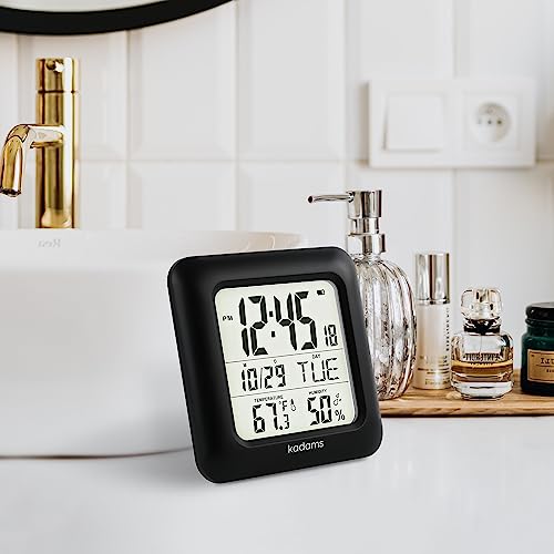 KADAMS Bathroom Clock 9.5" Kitchen Wall Clock with Large LCD Screen – Shower Clock with Suction Cup,Temperature, Humidity, Calendar – Water-Resistant, 4 Mounting Options, Black - Image 4
