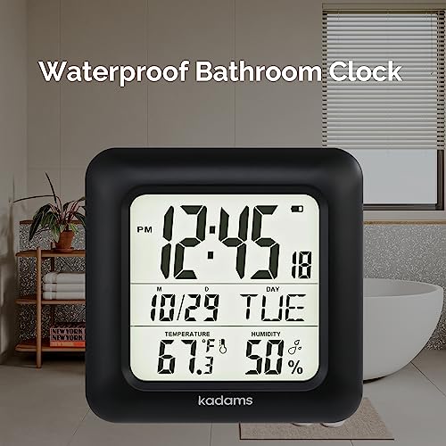 KADAMS Bathroom Clock 9.5" Kitchen Wall Clock with Large LCD Screen – Shower Clock with Suction Cup,Temperature, Humidity, Calendar – Water-Resistant, 4 Mounting Options, Black - Image 2