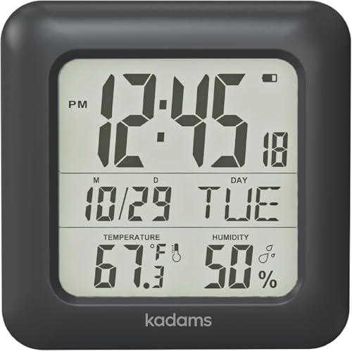KADAMS Bathroom Clock 9.5" Kitchen Wall Clock with Large LCD Screen – Shower Clock with Suction Cup,Temperature, Humidity, Calendar – Water-Resistant, 4 Mounting Options, Black - Image 1