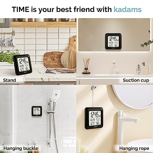 KADAMS Bathroom Clock 9.5" Kitchen Wall Clock with Large LCD Screen – Shower Clock with Suction Cup,Temperature, Humidity, Calendar – Water-Resistant, 4 Mounting Options, Black - Image 5