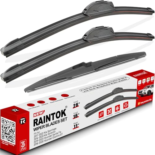 Raintok شفاطات الزجاج الأمامي RAINTOK بديل لسيارات كيا سبورتاج 2017-2022 / هيونداي سانتا في 2019-2021 / كيا سورينتو 2016-2020 مجموعة شفاطات أمامية وخلفية بجودة المصنع الأصلية - 26" 16" 11" - Image 1