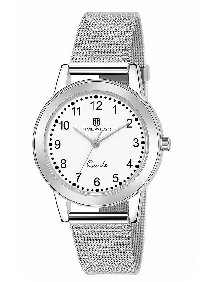 TIMEWEAR Analog Number Dial Stainless Steel Strap Watch For Women, Silver Band - Image 1