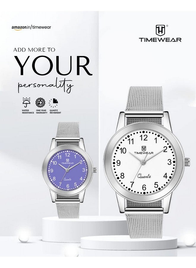 TIMEWEAR Analog Number Dial Stainless Steel Strap Watch For Women, Silver Band - Image 2