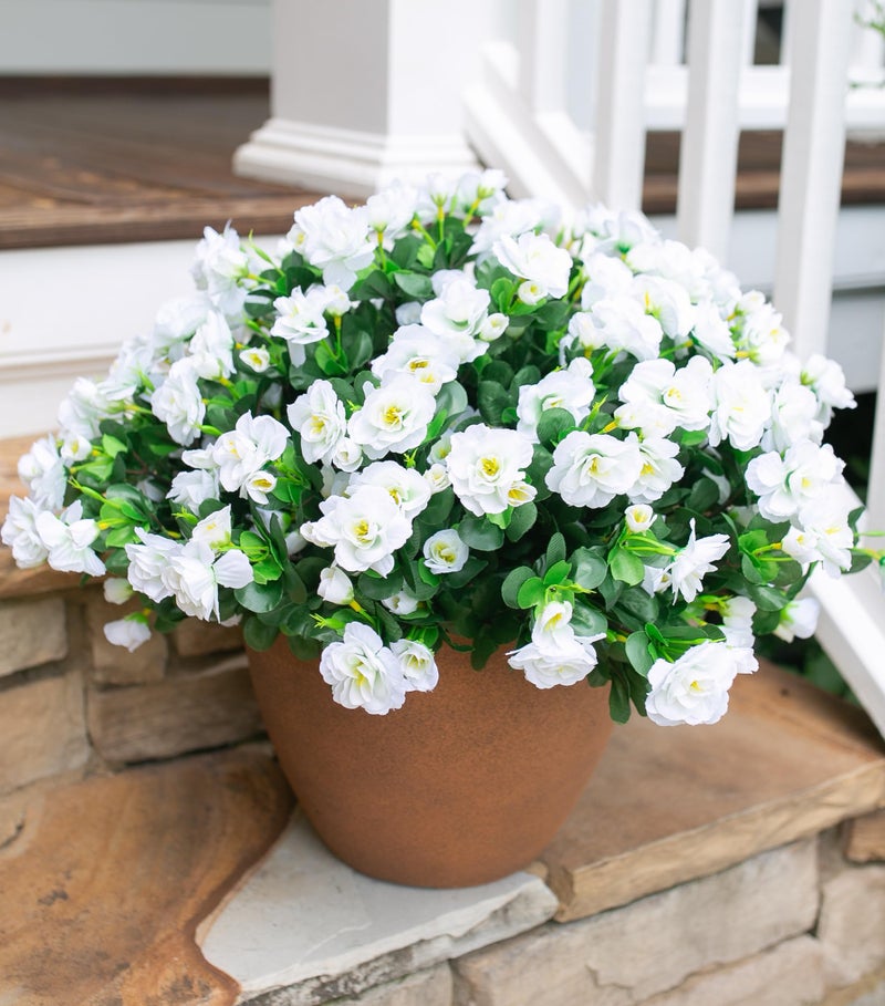 HyeFlora Artificial Fake Flowers Plants for Outdoor Outside Spring Decoration, Faux Silk White Camellia UV Resistant Realistic for Front Door Porch Planter Pot Patio Balcony, 3 Large Bundles - Image 2