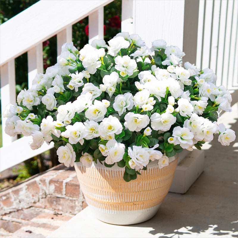 HyeFlora Artificial Fake Flowers Plants for Outdoor Outside Spring Decoration, Faux Silk White Camellia UV Resistant Realistic for Front Door Porch Planter Pot Patio Balcony, 3 Large Bundles - Image 1