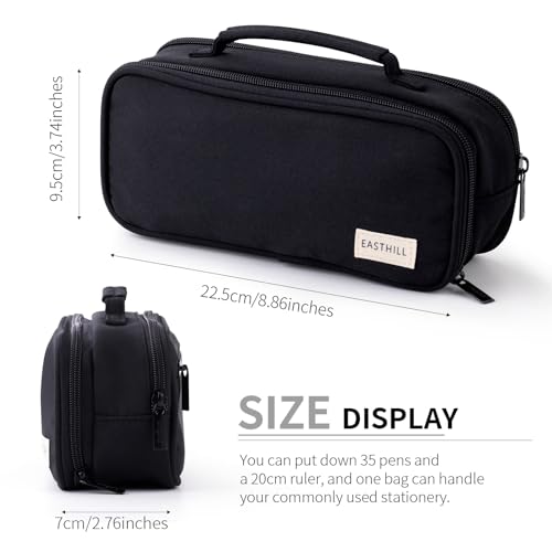 EASTHILL Large Capacity Pencil Case Pen Pouch Organizer Canvas Pencil Bag with Handle School Supplies for Teen Girls-Black - Image 3