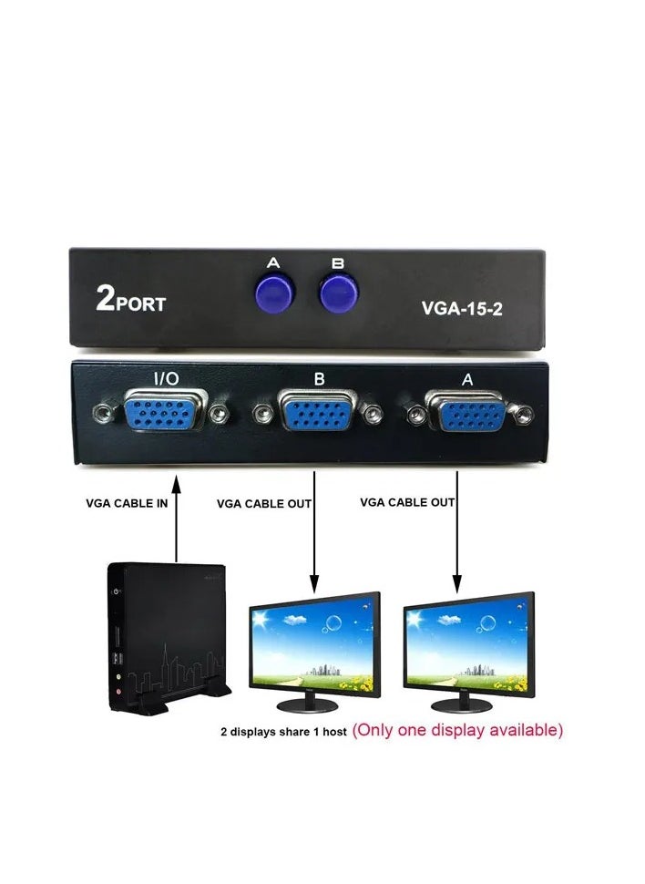 ماركة غير محددة - مفتاح مقسم VGA 2 في 1 مخرج 2 منفذ VGA مفتاح فيديو VGA ثنائي الاتجاه لشاشة الكمبيوتر والتلفزيون - Image 1