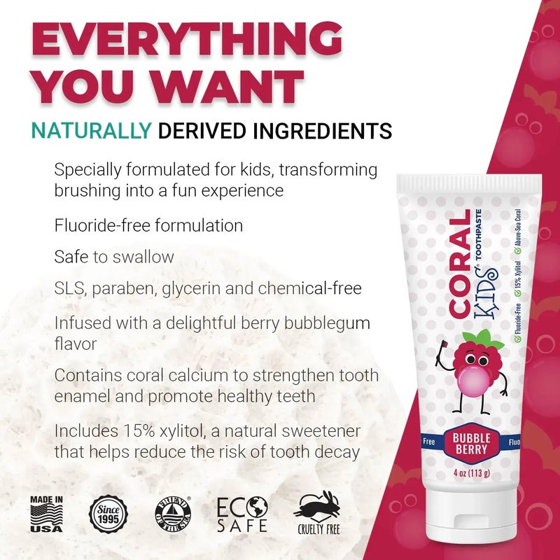 Coral White Kids Bubble Berry Fluoride Free Toothpaste - 4 Ounces (1 Pack) - Image 2